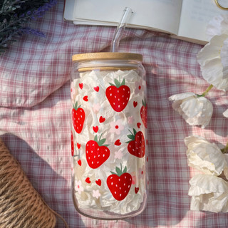 Cốc Thủy Tinh Dâu Tây Nắp Tre 500ml, Ly Thủy Tinh 16Oz Chịu Nhiệt Kèm Phụ Kiện, Quà Tặng Sinh Nhật