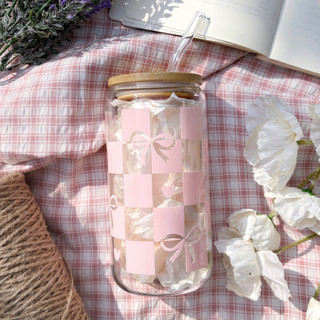 Cốc Thủy Tinh Nơ Caro 500ml, Ly Thủy Tinh Nắp Tre 16Oz Chịu Nhiệt Kèm Phụ Kiện, Quà Tặng Sinh Nhật