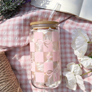 Cốc Thủy Tinh Dâu & Nơ 500ml, Ly Thủy Tinh Nắp Tre 16Oz Chịu Nhiệt Kèm Phụ Kiện, Quà Tặng Sinh Nhật
