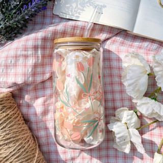 Cốc Thủy Tinh Hoa Tulip 500ml, Ly Thủy Tinh Nắp Tre 16Oz Chịu Nhiệt Kèm Phụ Kiện, Quà Tặng Sinh Nhật