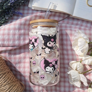 Cốc Thủy Tinh Thỏ Đen 500ml, Ly Thủy Tinh Nắp Tre 16Oz Chịu Nhiệt Kèm Phụ Kiện, Quà Tặng Sinh Nhật