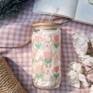 Cốc Thủy Tinh Hoa Tulip 500ml, Ly Thủy Tinh Nắp Tre 16Oz Chịu Nhiệt Kèm Phụ Kiện, Quà Tặng Sinh Nhật