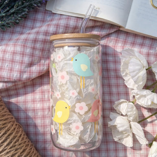 Cốc Thủy Tinh Chim Cute 500ml, Ly Thủy Tinh Nắp Tre 16Oz Chịu Nhiệt Kèm Phụ Kiện, Quà Tặng Sinh Nhật