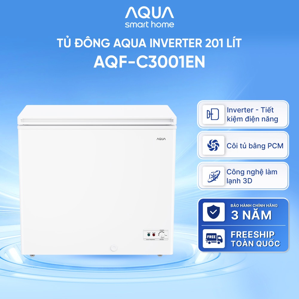 [SẢN PHẨM MỚI 2025] Tủ đông Inverter AQUA 201 lít AQF-C3001EN - Làm lạnh 3D - Dàn lạnh 5 chiều - 1 ngăn đông - Freeship