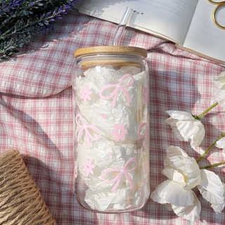 Cốc Thủy Tinh Nơ Hoa 500ml, Ly Thủy Tinh Nắp Tre 16Oz Chịu Nhiệt Kèm Phụ Kiện, Quà Tặng Sinh Nhật