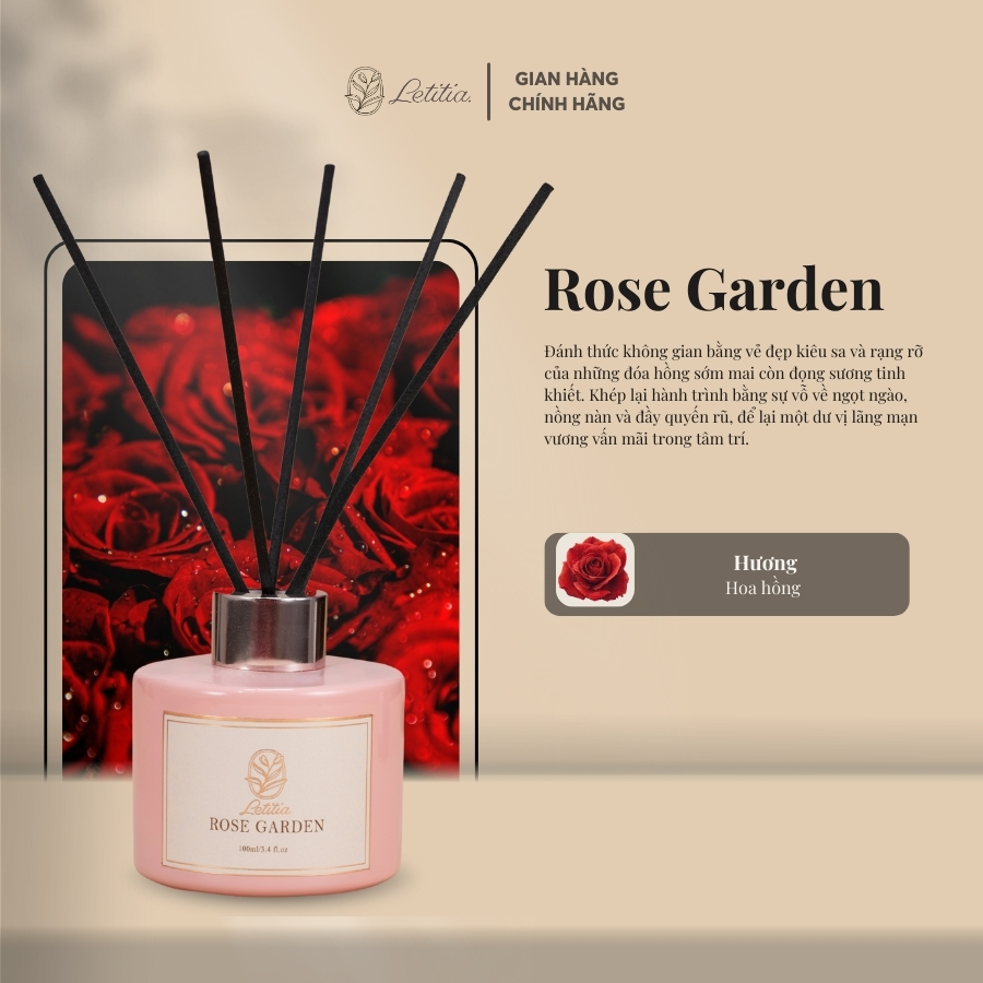 Tinh Dầu Khuếch Tán Cao Cấp Cắm Que Thơm Phòng Letitia Hương Rose Garden - Hoa Hồng Size 100ml