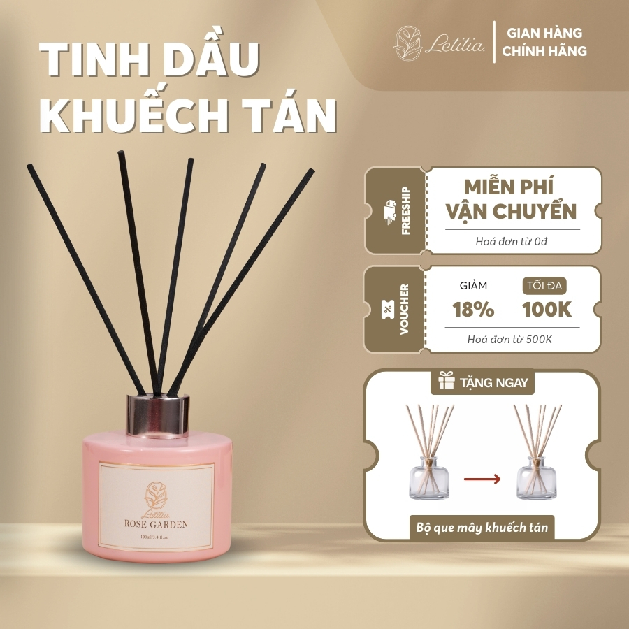 Tinh Dầu Khuếch Tán Cao Cấp Cắm Que Thơm Phòng Letitia Hương Rose Garden - Hoa Hồng Size 100ml