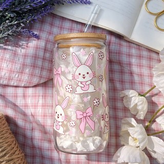 Cốc Thủy Tinh Thỏ Hồng 500ml, Ly Thủy Tinh Nắp Tre 16Oz Chịu Nhiệt Kèm Phụ Kiện, Quà Tặng Sinh Nhật