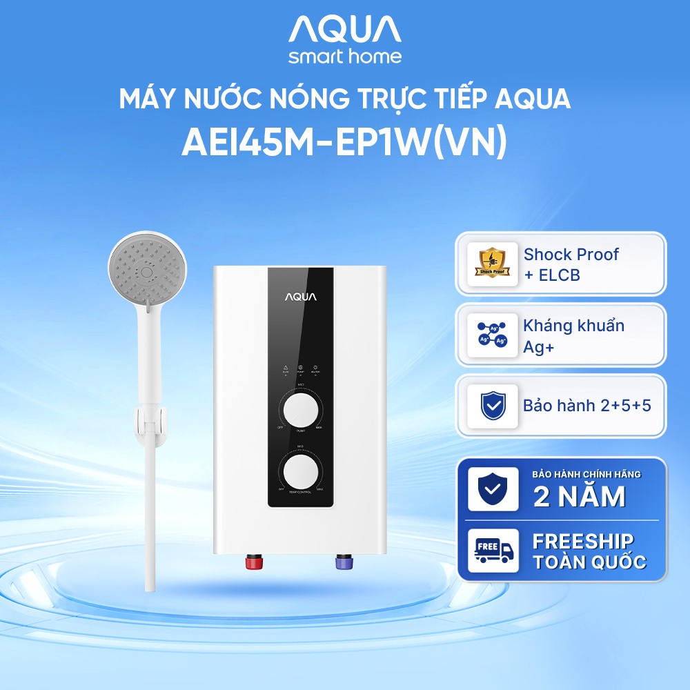 Máy nước nóng trực tiếp Aqua AEI45M-EP1W(VN) - Có bơm - Chống giật chủ động ShockProof - Freeship toàn quốc