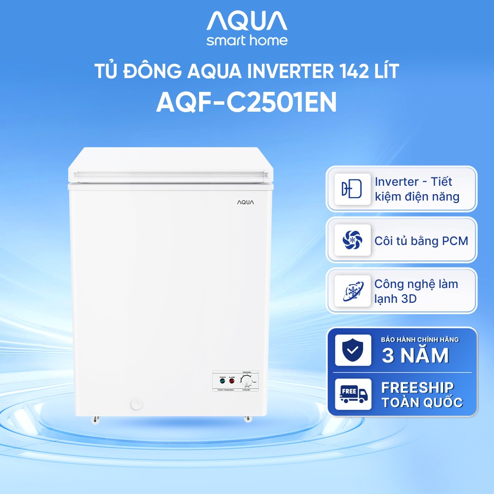 [SALE SỐC] Tủ đông Inverter AQUA 142 lít AQF-C2501EN - Làm lạnh 3D - Dàn lạnh 5 chiều - 1 ngăn đông - Freeship