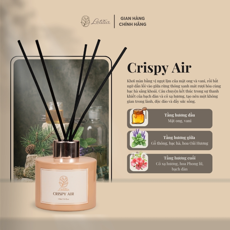 Tinh Dầu Khuếch Tán 3 Tầng Hương Cao Cấp Cắm Que Thơm Phòng Letitia Hương Crispy Air Size 100ml