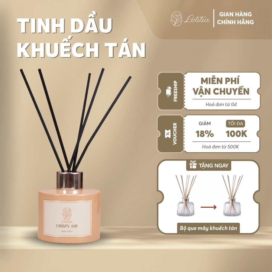 Tinh Dầu Khuếch Tán 3 Tầng Hương Cao Cấp Cắm Que Thơm Phòng Letitia Hương Crispy Air Size 100ml