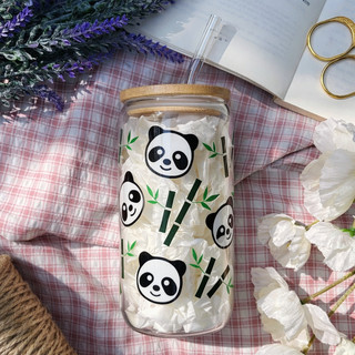 Cốc Thủy Tinh Gấu Trúc 500ml, Ly Thủy Tinh Nắp Tre 16Oz Chịu Nhiệt Kèm Phụ Kiện, Quà Tặng Sinh Nhật