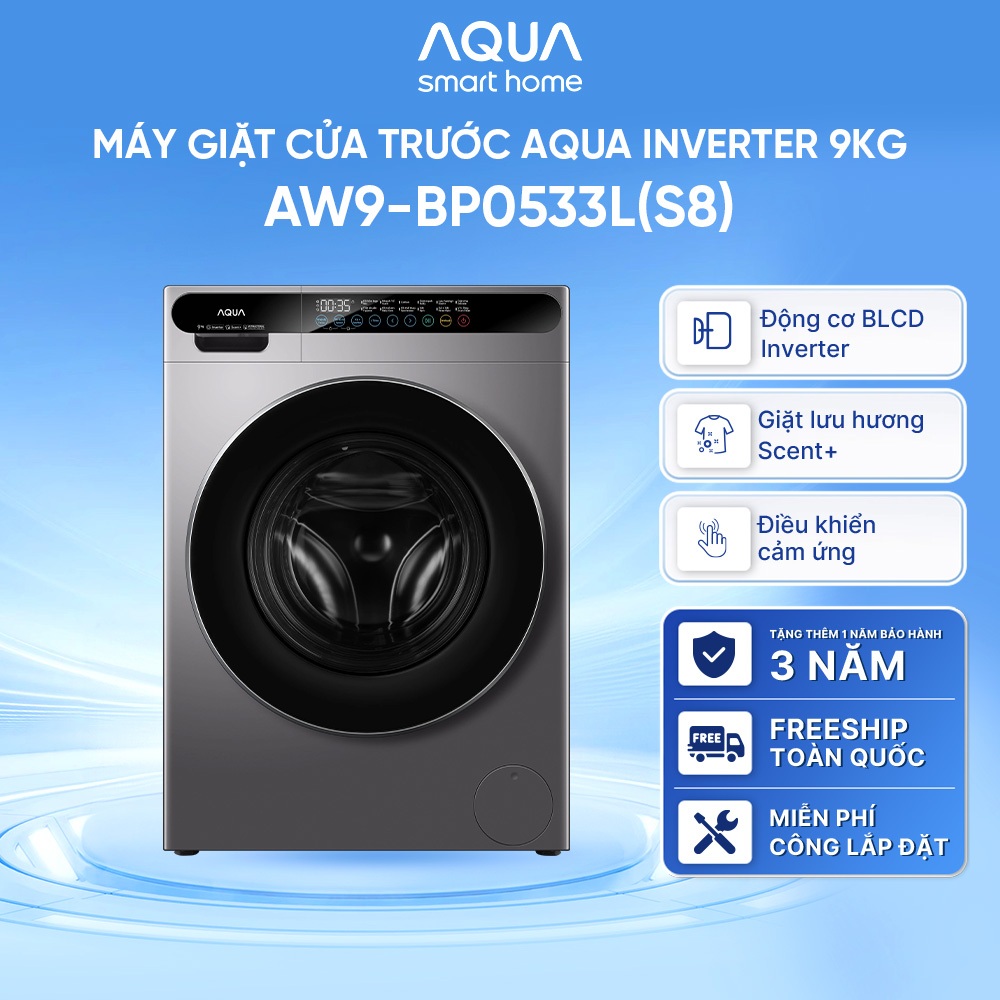 Máy giặt cửa trước AQUA Inverter 9kg AW9-BP0533L(S8) - Bảo hành 2 năm - Freeship toàn quốc
