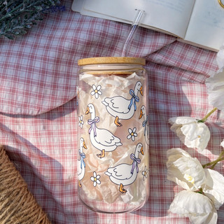 Cốc Thủy Tinh Vịt Trắng 500ml, Ly Thủy Tinh Nắp Tre 16Oz Chịu Nhiệt Kèm Phụ Kiện, Quà Tặng Sinh Nhật