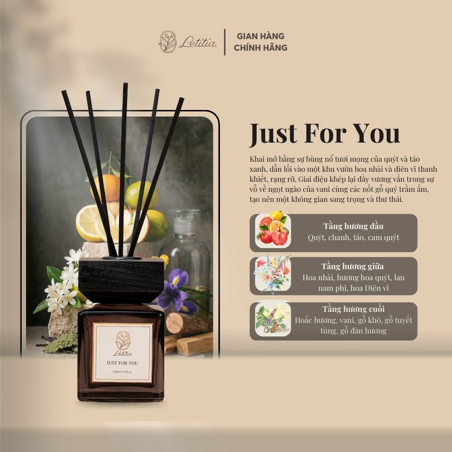 Tinh Dầu Khuếch Tán 3 Tầng Hương Cao Cấp Cắm Que Thơm Phòng Letitia Hương Just For You Size 100ml