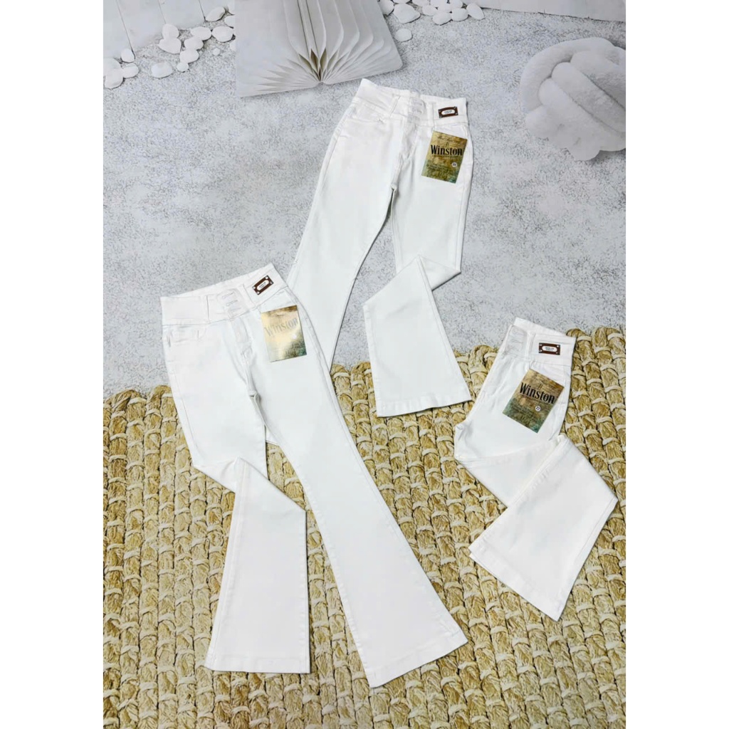 [100-102cm] [40-75kg] Quần jeans Nữ Lưng Cao 3 Nút Phối tag Ống Loe Dài Co Giãn Thời Trang
