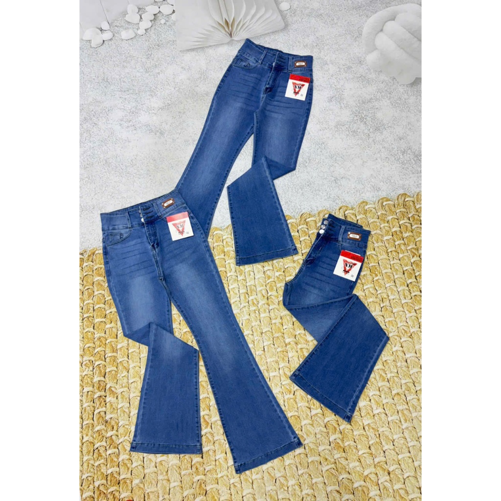 [100-102cm] [40-75kg] Quần jeans Nữ Lưng Cao 3 Nút Phối tag Ống Loe Dài Co Giãn Thời Trang