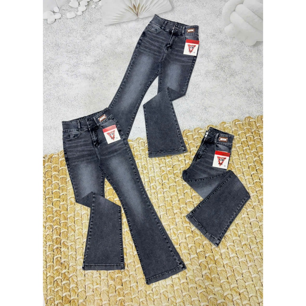 [100-102cm] [40-75kg] Quần jeans Nữ Lưng Cao 3 Nút Phối tag Ống Loe Dài Co Giãn Thời Trang