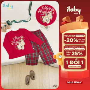 Set bé gái ILABY áo đỏ Merry Bright quần caro dài tay mặc noel lễ hội chụp ảnh dễ thương [3747]