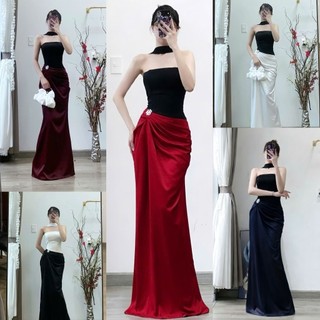 Đầm dạ hội thiết kế cup ngực choàng cổ phối đen trắng kèm tag cài tặng hoa tai