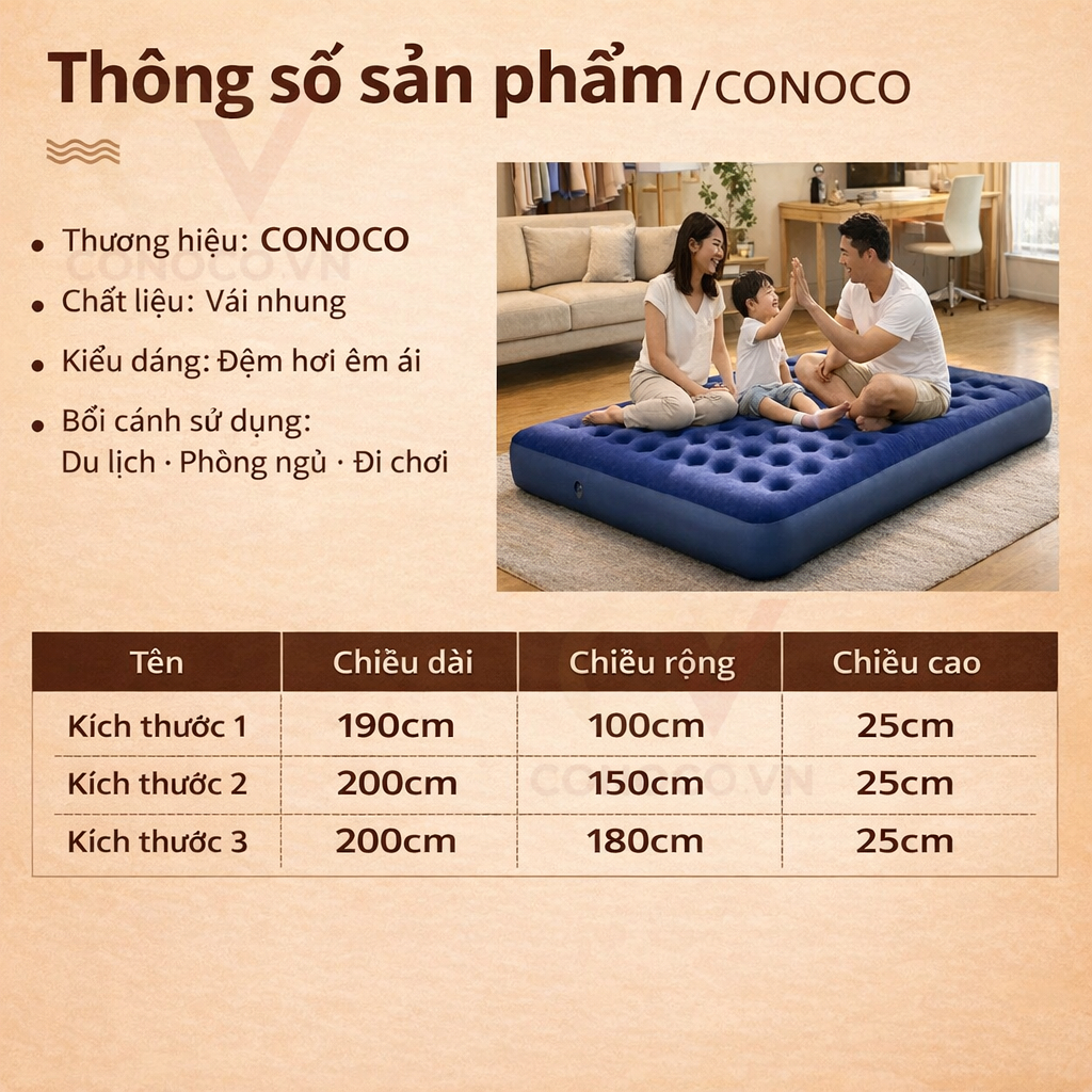 CONOCO Nệm Hơi Giường Hơi Đôi Đa Năng Tặng Kèm Bơm Điện 2 Mặt Nhung PVC Thoáng Khí Chống Thấm