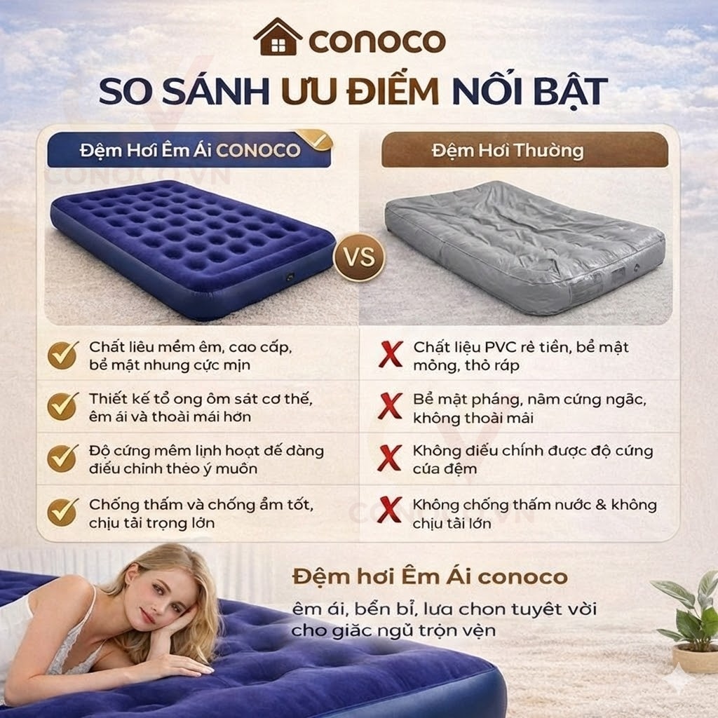 CONOCO Nệm Hơi Giường Hơi Đôi Đa Năng Tặng Kèm Bơm Điện 2 Mặt Nhung PVC Thoáng Khí Chống Thấm
