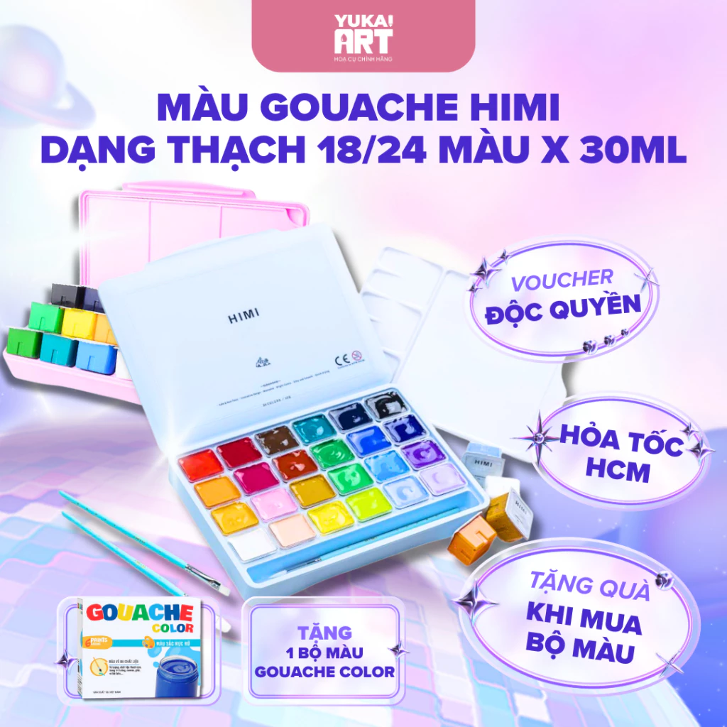 [Hỏa tốc HCM] Màu Gouache Himi Dạng Thạch 18/24 màu x 30ml (Tặng Kèm Giấy Vẽ, không bao gồm cọ)