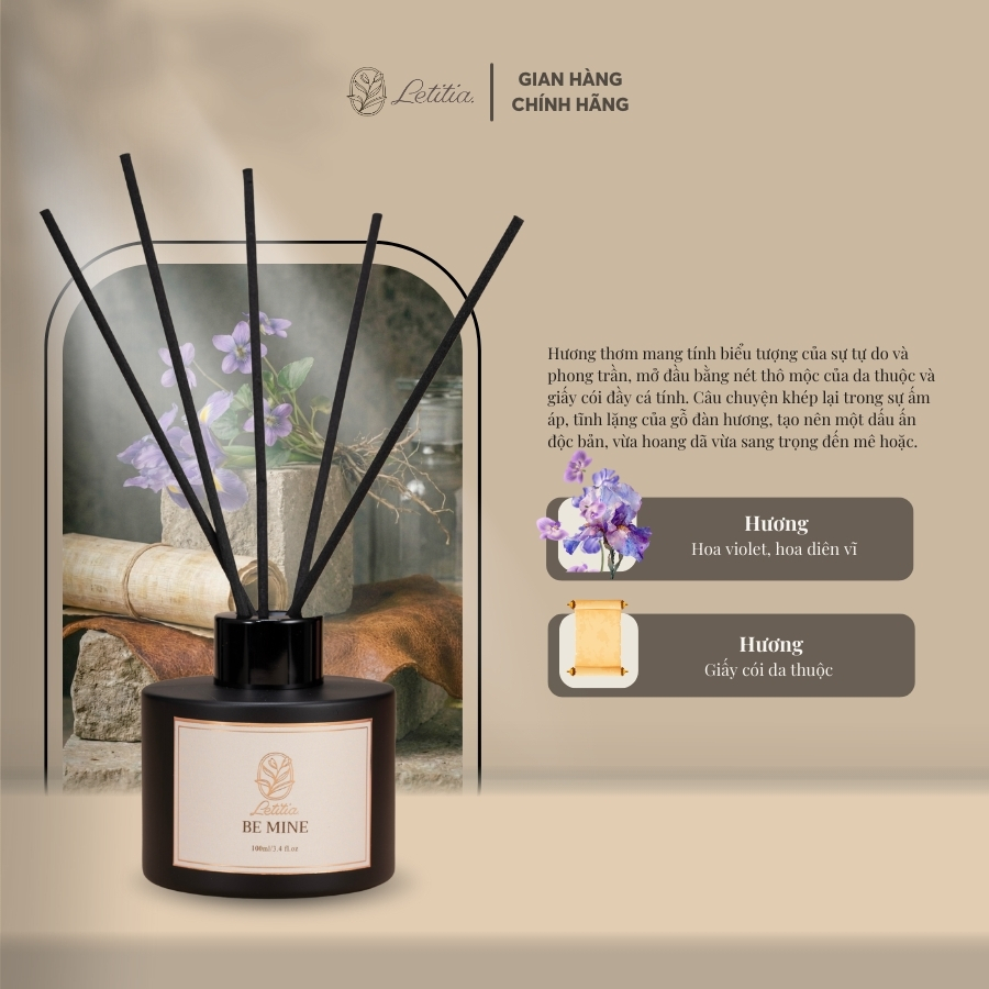 Tinh Dầu Khuếch Tán 3 Tầng Hương Cao Cấp Cắm Que Thơm Phòng Letitia Hương Be Mine Size 100ml