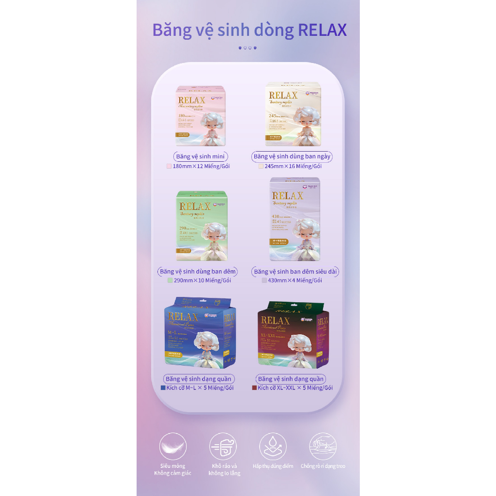 Băng Vệ Sinh Relax, Băng Vệ Sinh Hằng Ngày Siêu Mỏng Khô Thoáng Chống Rò Rỉ AMIZIN