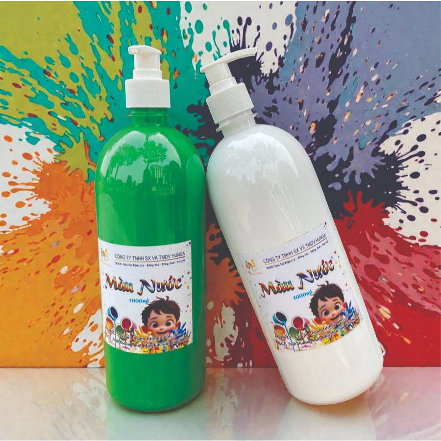 Màu Nước 1000ml Pha Sẵn Gốc Acrylic Chai Kèm Vòi Nhấn/Nắp Bật Tô Tượng Vẽ Tranh HUNGACOLOR