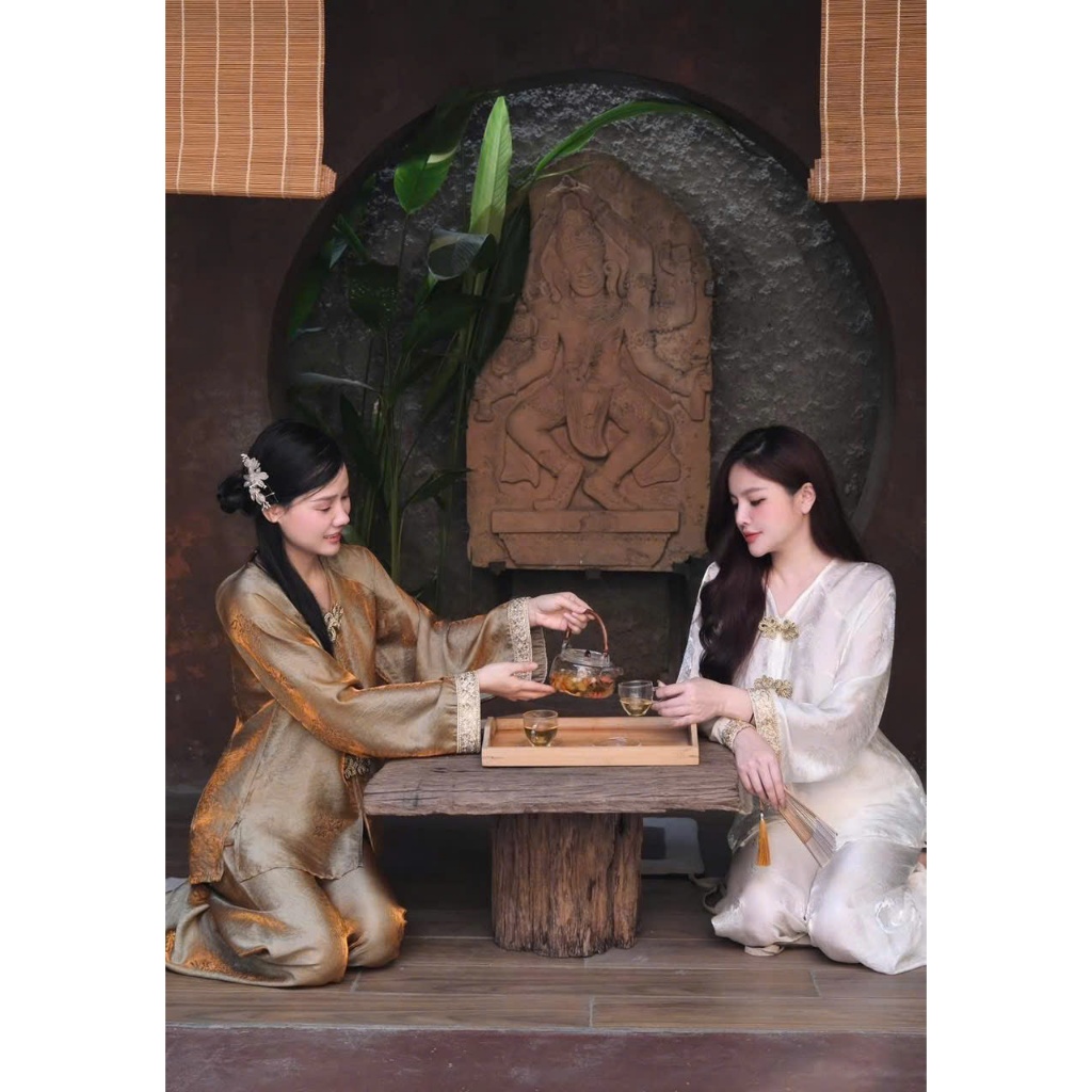 ZIMM STORE-Bộ Cách Tân Nữ Phong Cách Cổ Điển Sang Chảnh Áo Tay Lỡ Phối Viền Ren