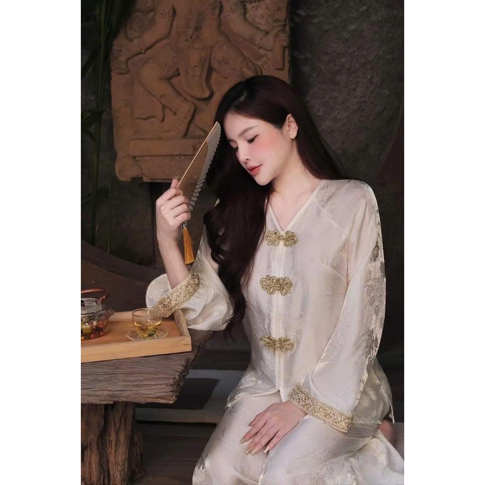 ZIMM STORE-Bộ Cách Tân Nữ Phong Cách Cổ Điển Sang Chảnh Áo Tay Lỡ Phối Viền Ren