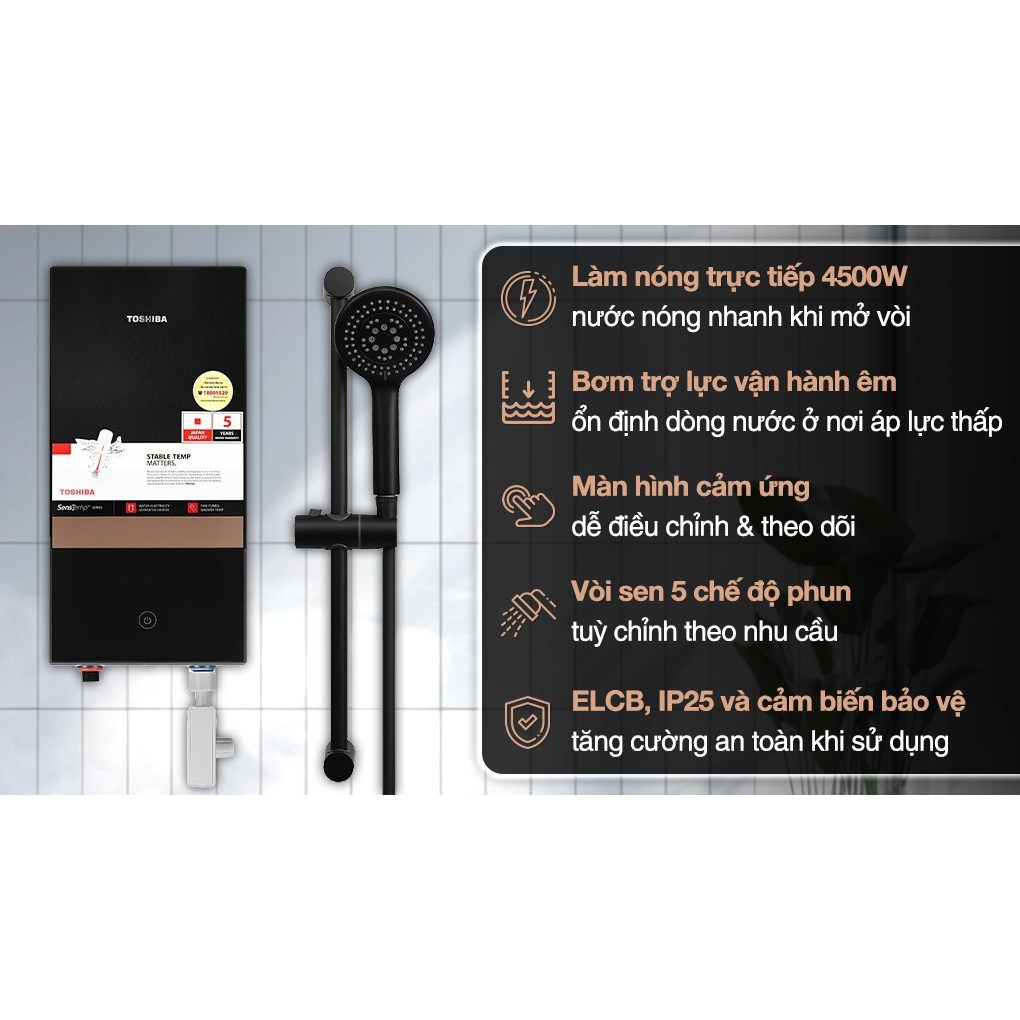 [Shopee Lắp đặt 0Đ HCM/HN] Máy Nước Nóng Trực Tiếp Toshiba TWH-45EMC1PVN(K)-KB - Bơm DC - Bảo hành chính hãng 24 tháng
