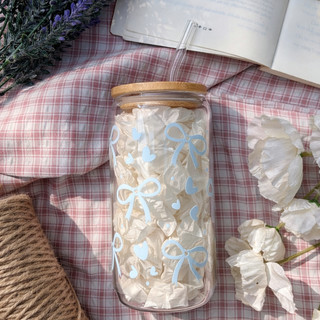 Cốc Thủy Tinh Nơ Xanh 500ml, Ly Thủy Tinh 16Oz Nắp Tre Chịu Nhiệt Kèm Phụ Kiện, Quà Tặng Sinh Nhật