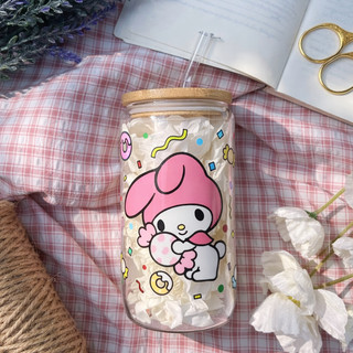 Cốc Thủy Tinh Thỏ Hồng 500ml, Ly Thủy Tinh Nắp Tre 16Oz Chịu Nhiệt Kèm Phụ Kiện, Quà Tặng Sinh Nhật