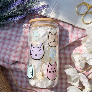 Cốc Thủy Tinh Mèo Con 500ml, Ly Thủy Tinh Nắp Tre 16Oz Chịu Nhiệt Kèm Phụ Kiện, Quà Tặng Sinh Nhật