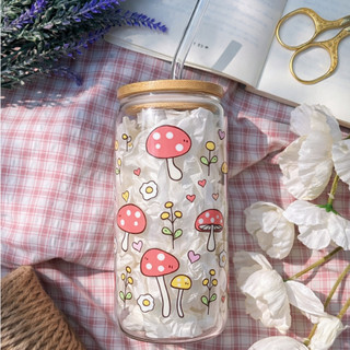 Cốc Thủy Tinh Nấm Cute 500ml, Ly Thủy Tinh Nắp Tre 16Oz Chịu Nhiệt Kèm Phụ Kiện, Quà Tặng Sinh Nhật
