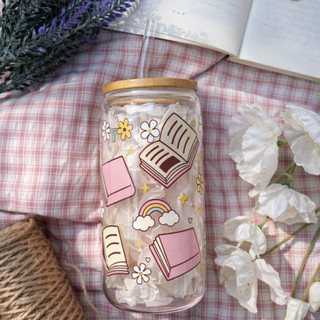 Cốc Thủy Tinh Book Lover 500ml, Ly Thủy Tinh Nắp Tre 16Oz Chịu Nhiệt Kèm Phụ Kiện, Quà Tặng Sinh Nhật
