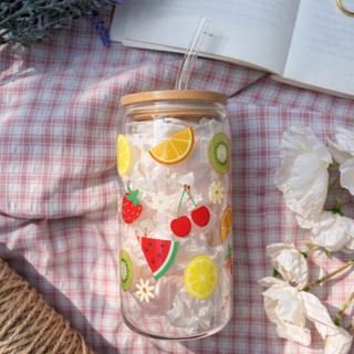 Cốc Thủy Tinh Hoa Quả 500ml, Ly Thủy Tinh Nắp Tre 16Oz Chịu Nhiệt Kèm Phụ Kiện, Quà Tặng Sinh Nhật