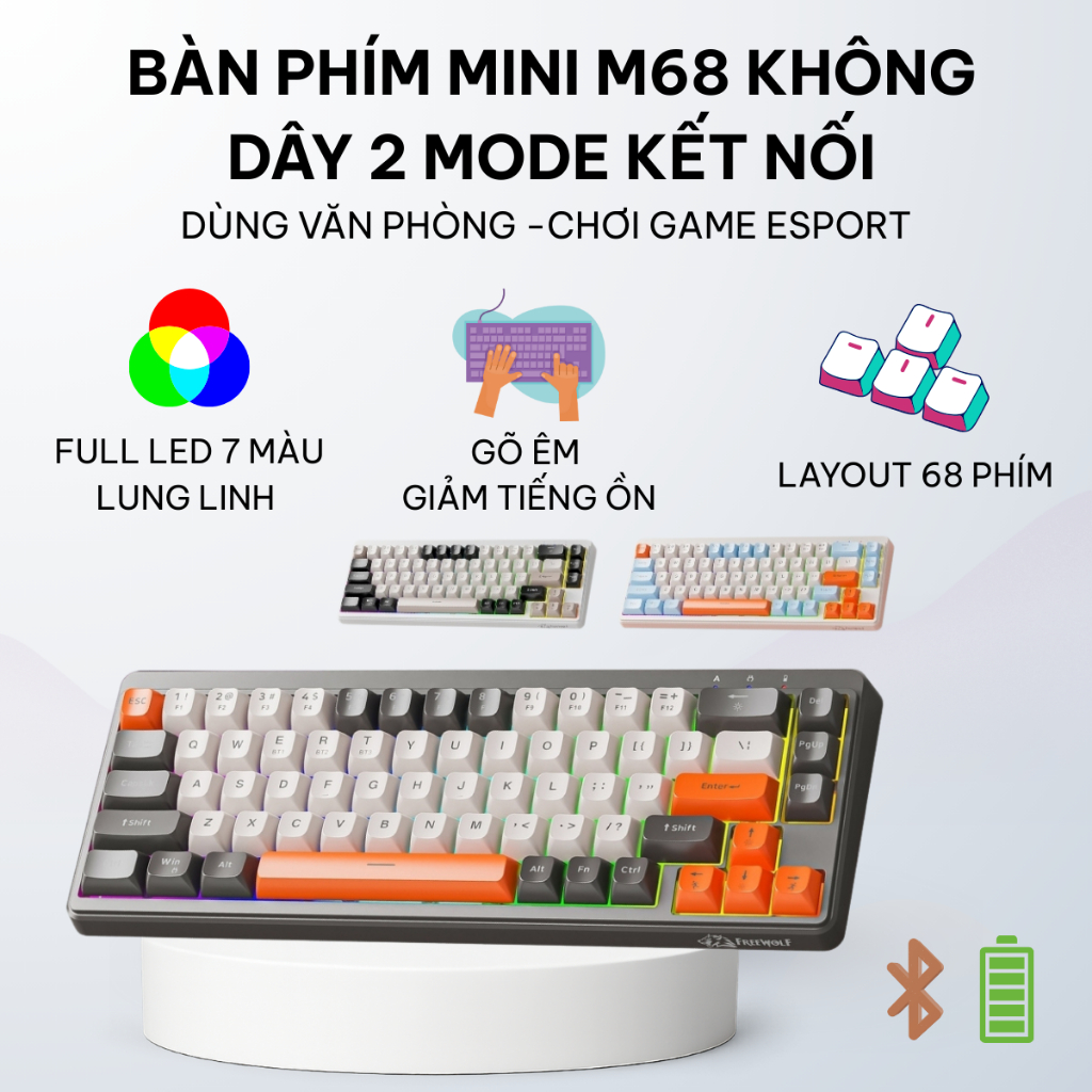 Bàn Phím Không Dây Free Wolf M68 - Bluetooth 5.3 Kết Nối Đa Năng Led Pro Pin Sạc