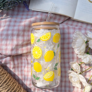 Cốc Thủy Tinh Quả Chanh 500ml, Ly Thủy Tinh Nắp Tre 16Oz Chịu Nhiệt Kèm Phụ Kiện, Quà Tặng Sinh Nhật
