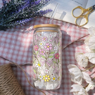 Cốc Thuỷ Tinh Vườn Hoa 500ml, Ly Thuỷ Tinh Cute Chịu Nhiệt Kèm Phụ Kiện, Quà Tặng Sinh Nhật