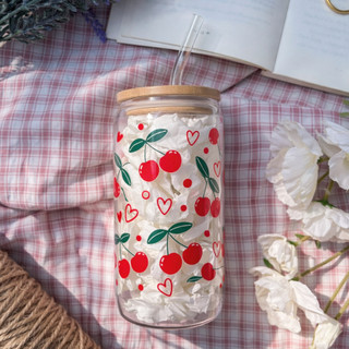 Cốc Thủy Tinh Cherry Đỏ 500ml, Ly Thủy Tinh Nắp Tre 16Oz Chịu Nhiệt Kèm Phụ Kiện, Quà Tặng Sinh Nhật