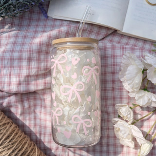 Cốc Thuỷ Tinh Hình Nơ Hồng 500ml, Ly Thuỷ Tinh Cute Chịu Nhiệt Kèm Phụ Kiện, Quà Tặng Sinh Nhật