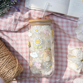 Cốc Thủy Tinh Capybara 500ml, Ly Thủy Tinh Nắp Tre 16Oz Chịu Nhiệt Kèm Phụ Kiện, Quà Tặng Sinh Nhật
