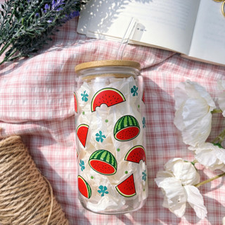 Cốc Thủy Tinh Dưa Hấu 500ml, Ly Thủy Tinh Nắp Tre 16Oz Chịu Nhiệt Kèm Phụ Kiện, Quà Tặng Sinh Nhật