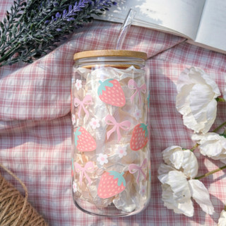 Cốc Thủy Tinh Trong Suốt Cute 500ml, Ly Thủy Tinh 16Oz Chịu Nhiệt Kèm Phụ Kiện, Quà Tặng Sinh Nhật