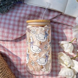 Cốc Thủy Tinh Trong Suốt Cute 500ml, Ly Thủy Tinh 16Oz Chịu Nhiệt Kèm Phụ Kiện, Quà Tặng Sinh Nhật