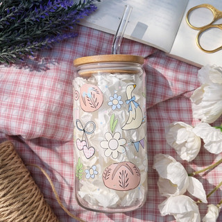 Cốc Thủy Tinh Trong Suốt Cute 500ml, Ly Thủy Tinh 16Oz Chịu Nhiệt Kèm Phụ Kiện, Quà Tặng Sinh Nhật